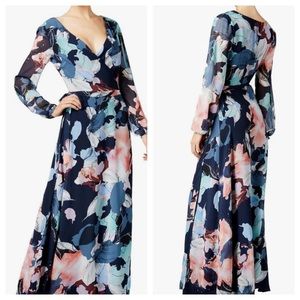 Bar III Woman’s Maxi Long Navy Blue Floral Printed Wrap Dress XL